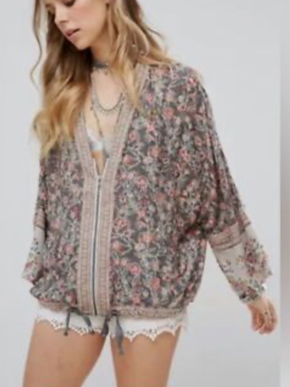 EUC free people zip up BoHo Wildflower cinched kimono top XS/S